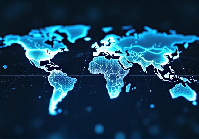 Digital world map with data points and connections